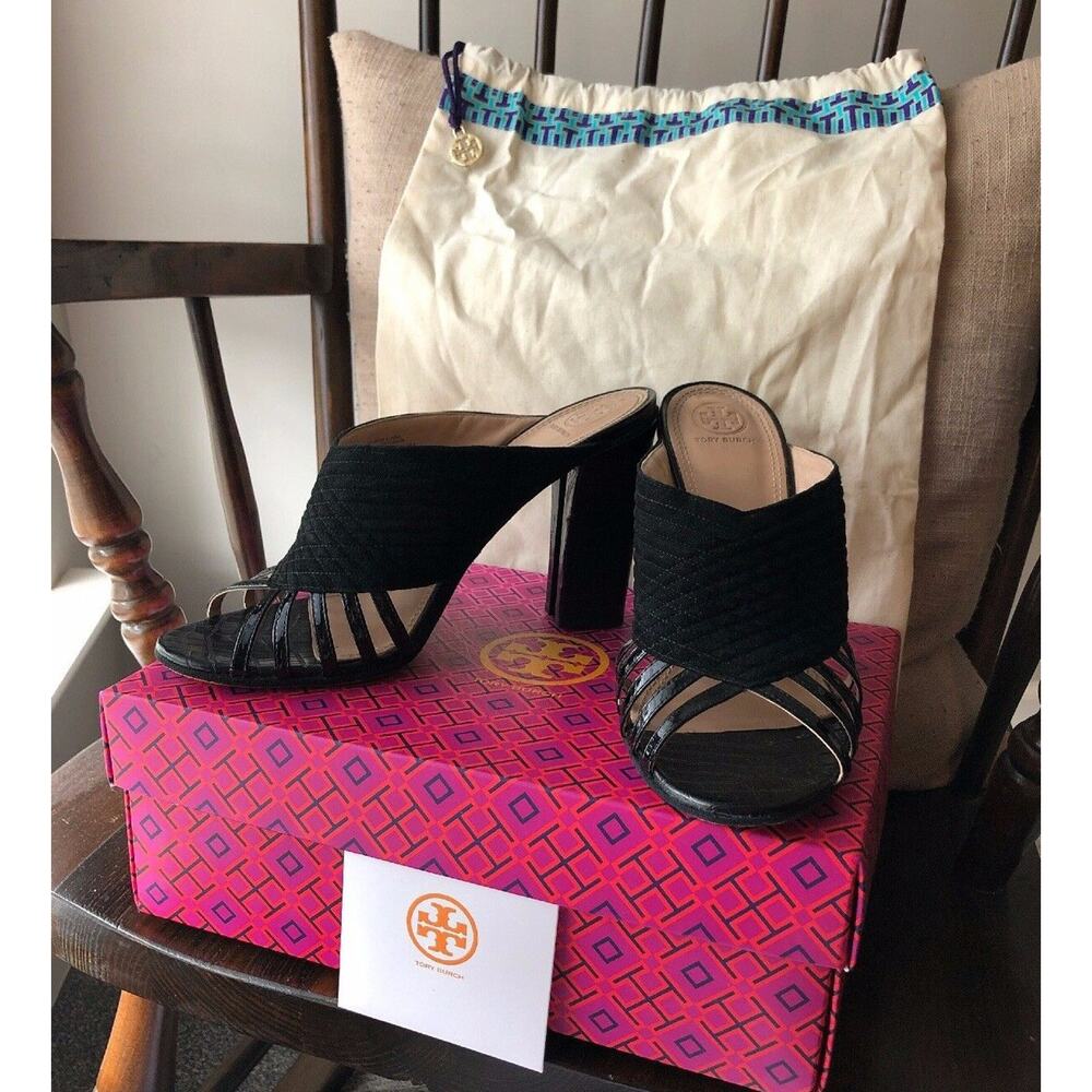 Tory Burch Mule Black Suede & Patent Leather Block Heel Sandals Size 10 NIB - Picture 2 of 10